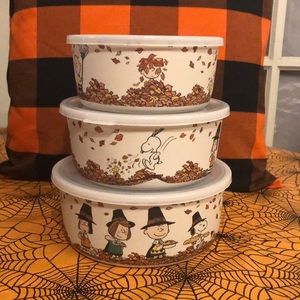 Peanuts Snoopy bamboo food container storage set Fall Thanksgiving Autumn leaves